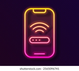 Glowing neon line Smartphone with free wi-fi wireless connection icon isolated on black background. Wireless technology, wi-fi connection, wireless network.  Vector