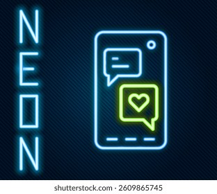 Glowing neon line Smartphone with heart emoji speech bubble get message on screen icon isolated on black background. Valentines day. Colorful outline concept. Vector