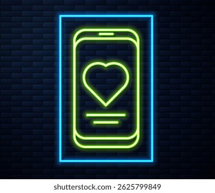 Glowing neon line Smartphone with heart rate monitor function icon isolated on brick wall background.  Vector