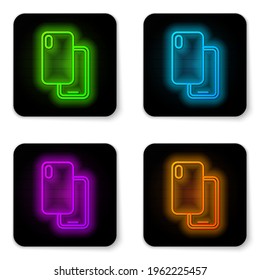 Glowing neon line Smartphone, mobile phone icon isolated on white background. Black square button. Vector