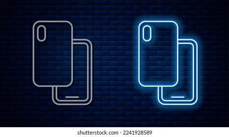 Glowing neon line Smartphone, mobile phone icon isolated on brick wall background.  Vector