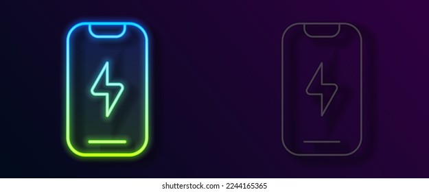 Glowing neon line Smartphone, mobile phone icon isolated on black background.  Vector
