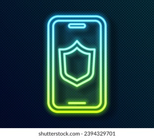 Glowing neon line Smartphone, mobile phone with security shield icon isolated on black background. Security, safety, protection concept.  Vector