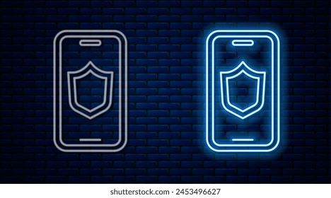 Línea de neón brillante Smartphone, teléfono móvil con el icono del escudo de seguridad aislado en el fondo de la pared de ladrillo. Seguridad, seguridad, concepto de protección.  Vector