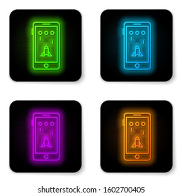 Glowing neon line Smartphone and playing in game icon isolated on white background. Mobile gaming concept. Black square button. Vector Illustration