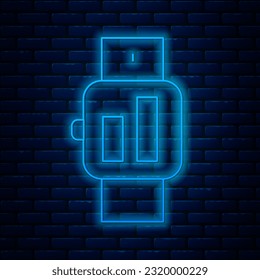 Glowing neon line Smartwatch icon isolated on brick wall background.  Vector