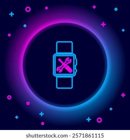 Glowing neon line Smartwatch with screwdriver and wrench icon isolated on black background. Adjusting, service, setting, maintenance, repair, fixing. Colorful outline concept. Vector