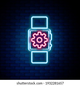 Línea de neón brillante Icono de ajuste Smartwatch aislado en fondo de pared de ladrillo. Ajustes de reloj inteligentes. Concepto de esquema colorido. Vector