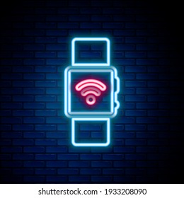 Glühende Neonline-Smart-Uhr mit Wireless-Symbol einzeln auf Backsteinwand-Hintergrund. Farbiges Rahmenkonzept. Vektorgrafik