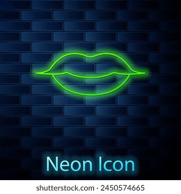 Glowing neon line Smiling lips icon isolated on brick wall background. Smile symbol.  Vector