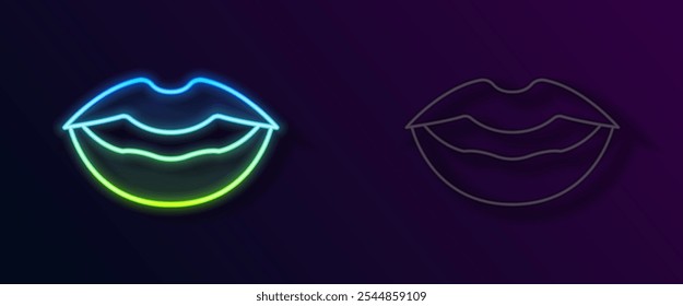 Glowing neon line Smiling lips icon isolated on black background. Smile symbol.  Vector