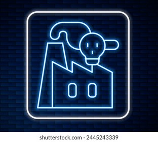 Glowing neon line Smoke from factory icon isolated on brick wall background. Environmental pollution problem, smoke pipes of factory, ecology industrial harm.  Vector