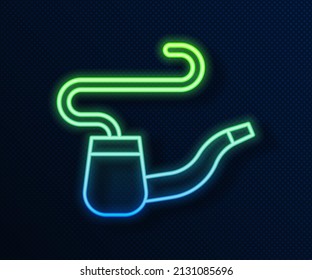 Glowing neon line Smoking pipe with smoke icon isolated on blue background. Tobacco pipe.  Vector