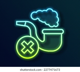 Glowing neon line Smoking pipe with smoke icon isolated on black background. Tobacco pipe.  Vector