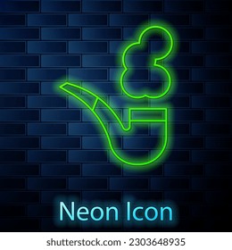 Glowing neon line Smoking pipe with smoke icon isolated on brick wall background. Tobacco pipe.  Vector