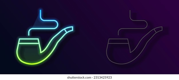 Glowing neon line Smoking pipe with smoke icon isolated on black background. Tobacco pipe.  Vector