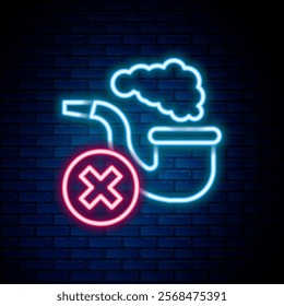 Glowing neon line Smoking pipe with smoke icon isolated on brick wall background. Tobacco pipe. Colorful outline concept. Vector