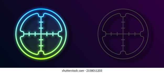 Glowing neon line Sniper optical sight icon isolated on black background. Sniper scope crosshairs.  Vector