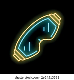 Glowing neon line snowboard goggles icon isolated on black background, vector illustration