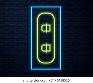 Glowing neon line Snowboard icon isolated on brick wall background. Snowboarding board icon. Extreme sport. Sport equipment.  Vector Illustration