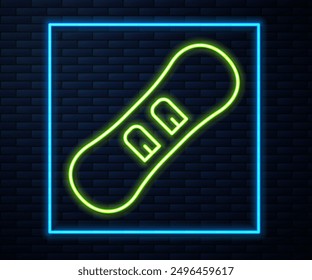 Glowing neon line Snowboard icon isolated on brick wall background. Snowboarding board icon. Extreme sport. Sport equipment.  Vector