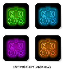 Glowing neon line Soccer football betting money icon isolated on white background. Football bet bookmaker. Soccer betting online make money. Black square button. Vector