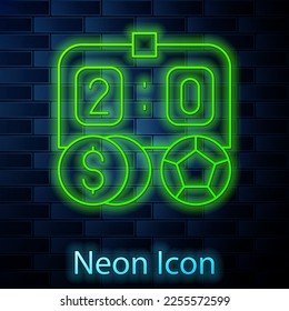 Glowing neon line Soccer football betting money icon isolated on brick wall background. Football bet bookmaker. Soccer betting online make money.  Vector
