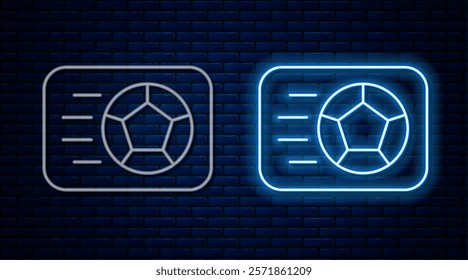 Glowing neon line Soccer football ball icon isolated on brick wall background. Sport equipment.  Vector