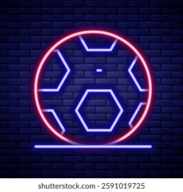 Glowing neon line Soccer football ball icon isolated on brick wall background. Sport equipment. Colorful outline concept. Vector