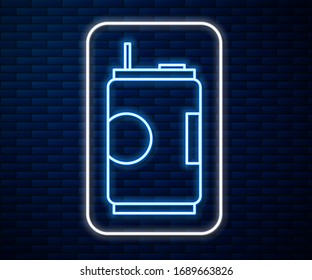 Glowing neon line Soda can icon isolated on brick wall background.  Vector Illustration