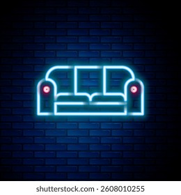 Glowing neon line Sofa icon isolated on brick wall background. Colorful outline concept. Vector