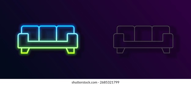 Icono de sofá de línea de neón brillante aislado sobre fondo negro.  Vector