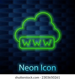 Glowing neon line Software, web development, programming concept icon isolated on brick wall background. Programming language and program code on screen laptop.  Vector