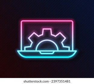 Icono de la línea de neón brillante Software, desarrollo web, concepto de programación aislado en fondo negro. Lenguaje de programación y código de programa en el portátil de pantalla.  Vector