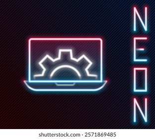 Glowing neon line Software, web development, programming concept icon isolated on black background. Programming language and program code on screen laptop. Colorful outline concept. Vector