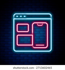 Glowing neon line Software, web developer programming code icon isolated on brick wall background. Javascript computer script random parts of program code. Colorful outline concept. Vector