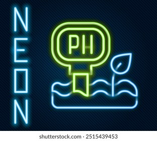 Icono de prueba de pH del suelo de línea de neón brillante aislado sobre fondo negro. Prueba de pH de tierra. Concepto de contorno colorido. Vector