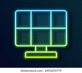 Glowing neon line Solar energy panel icon isolated on black background.  Vector