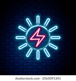 Glowing neon line Solar energy panel icon isolated on brick wall background. Colorful outline concept. Vector