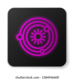Glowing neon line Solar system icon isolated on white background. The planets revolve around the star. Black square button. Vector Illustration