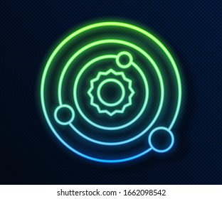 Glowing neon line Solar system icon isolated on blue background. The planets revolve around the star.  Vector Illustration