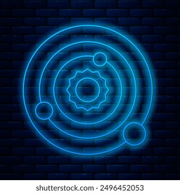 Glowing neon line Solar system icon isolated on brick wall background. The planets revolve around the star.  Vector Illustration