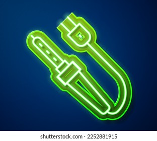 Glowing neon line Soldering iron icon isolated on blue background.  Vector