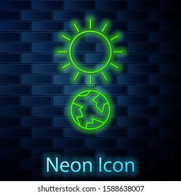 Glowing neon line Solstice icon isolated on brick wall background.  Vector Illustration