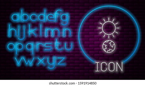 Glowing neon line Solstice icon isolated on brick wall background. Neon light alphabet. Vector Illustration