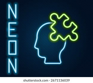 Línea de neón brillante Solución al problema en el icono de psicología aislado sobre fondo negro. Puzzle. Terapia para la salud mental. Concepto de contorno colorido. Vector