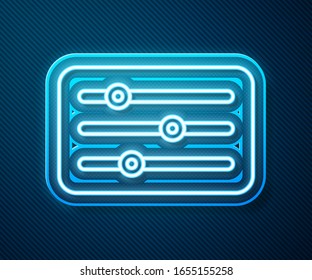Glowing neon line Sound mixer controller icon isolated on blue background. Dj equipment slider buttons. Mixing console.  Vector Illustration
