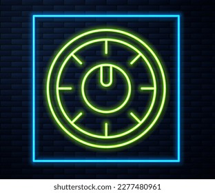 Glowing neon line Sound mixer controller icon isolated on brick wall background. Dj equipment slider buttons. Mixing console.  Vector