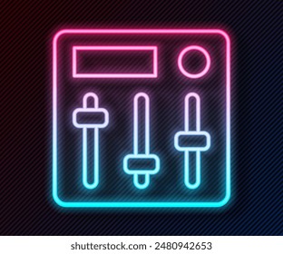 Glowing neon line Sound mixer controller icon isolated on black background. Dj equipment slider buttons. Mixing console.  Vector
