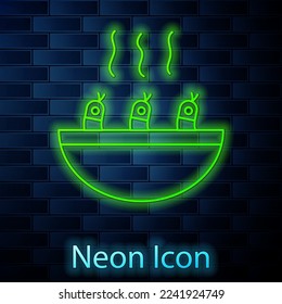 Glowing neon line Soup with shrimps icon isolated on brick wall background. Tom yum kung soup.  Vector